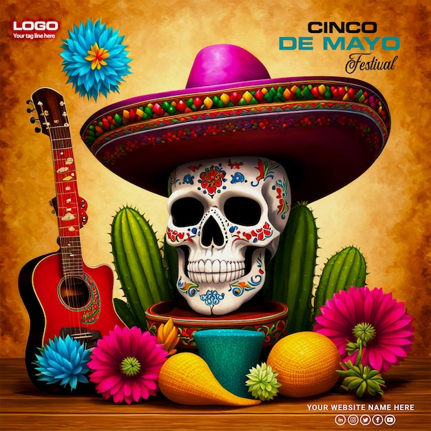 PSD Happy day cinco de mayo concept Top view of A 3D mexican skull generated by ai