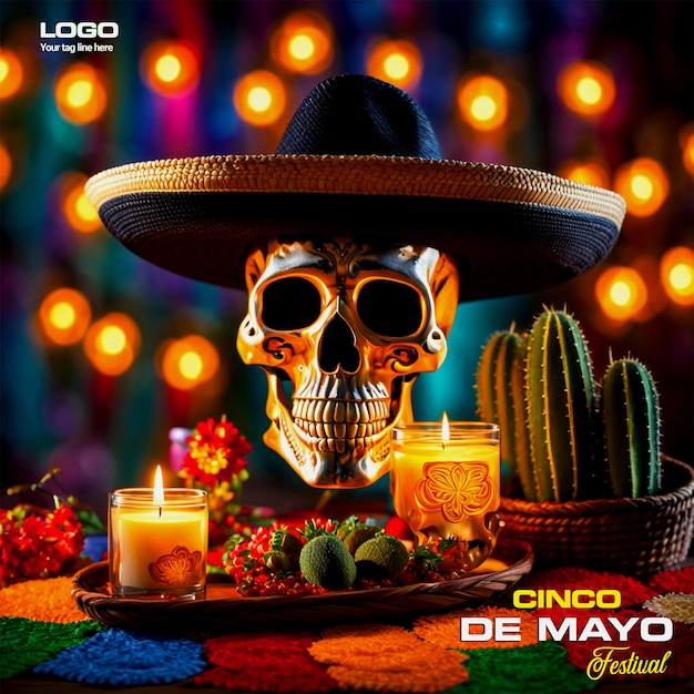 PSD Happy day cinco de mayo concept Top view of A 3D mexican skull generated by ai