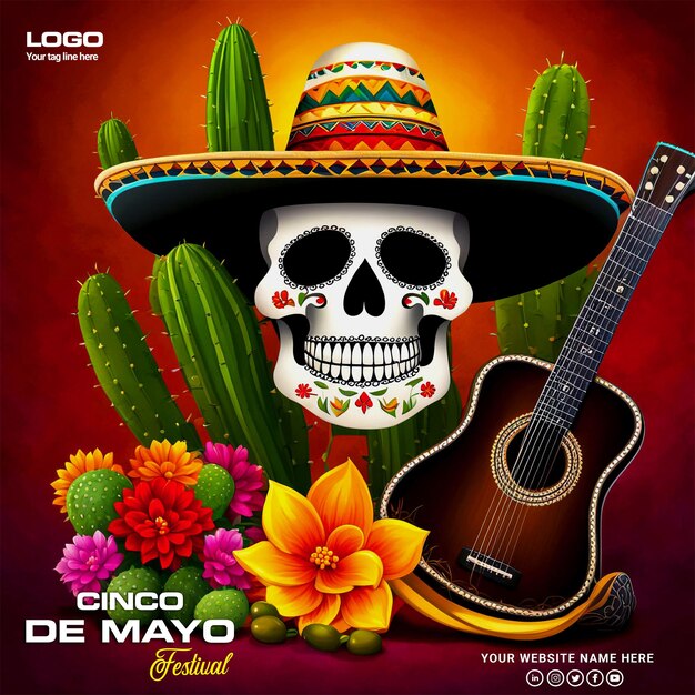 PSD Happy day cinco de mayo concept Top view of A 3D mexican skull generated by ai