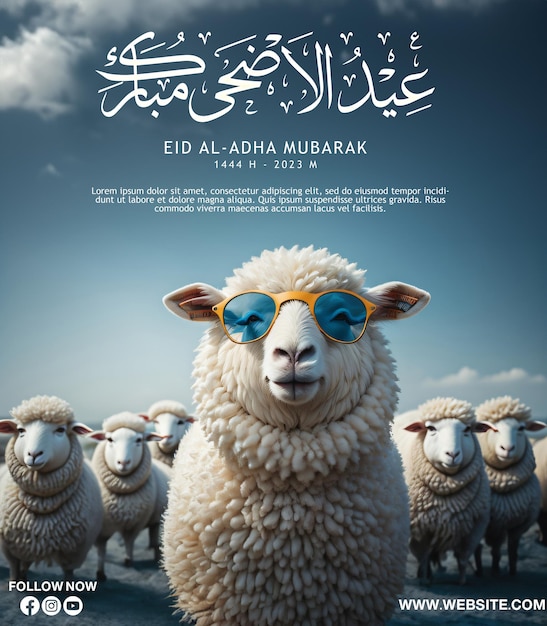 PSD happy eid al adha poster with a cool sheep waring sun glass