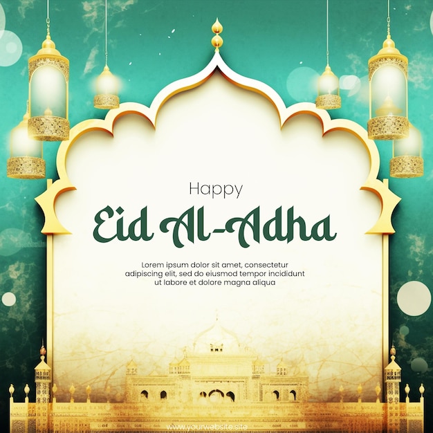 PSD a happy eid aladha or Idul Adha poster with islamic mosque background