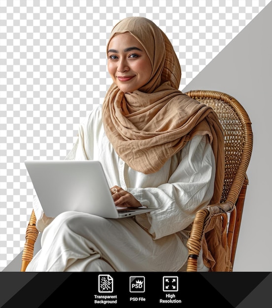 psd happy _ girl _ with _ laptop sitting in a wicker chair