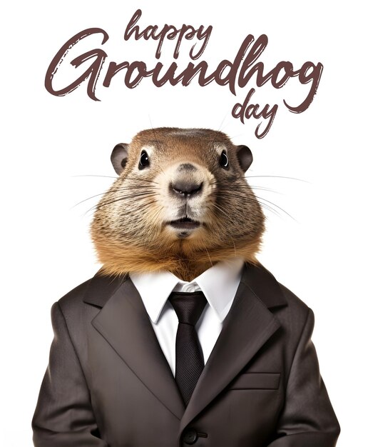 PSD Happy groundhog day with a groundhog wearing suit