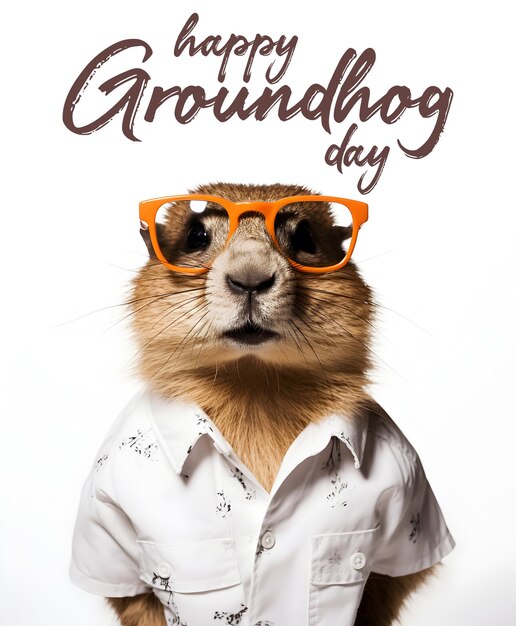 PSD Happy groundhog day with a modern groundhog wearing glasess