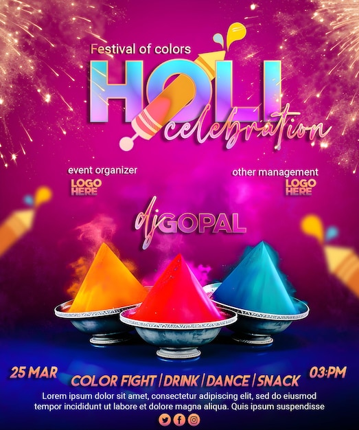 PSD psd happy holi editable social media post with holi powder gulal holi party invitation card design