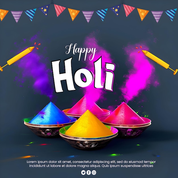 PSD happy Holi festival poster with colors powder festival background for social media editable post