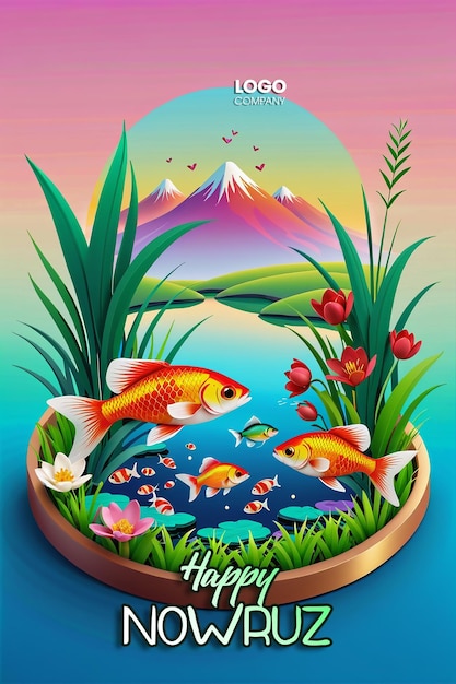 PSD Happy Nowruz Day or Iranian New Year Illustration with Grass Semeni and Fish