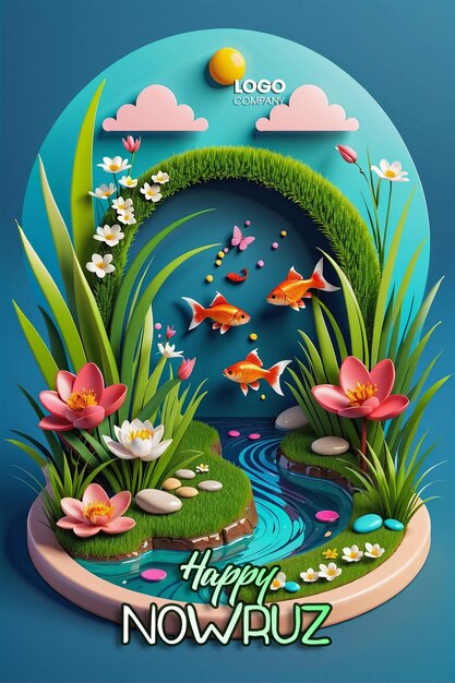 PSD Happy Nowruz Day or Iranian New Year Illustration with Grass Semeni and Fish