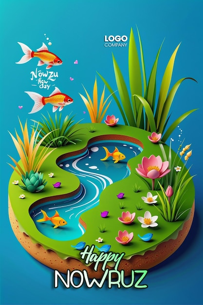 PSD Happy Nowruz Day or Iranian New Year Illustration with Grass Semeni and Fish