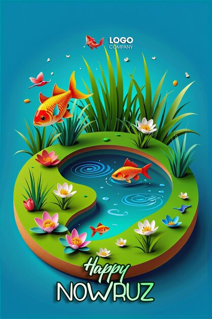 PSD Happy Nowruz Day or Iranian New Year Illustration with Grass Semeni and Fish