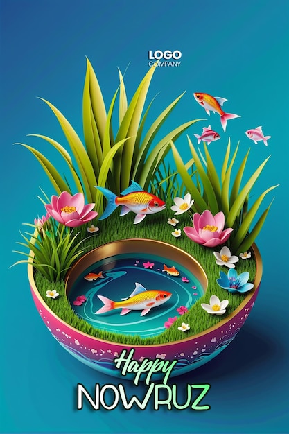 PSD Happy Nowruz Day or Iranian New Year Illustration with Grass Semeni and Fish