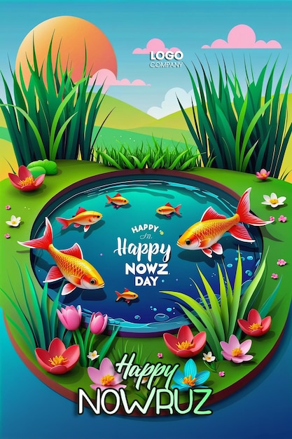 PSD Happy Nowruz Day or Iranian New Year Illustration with Grass Semeni and Fish