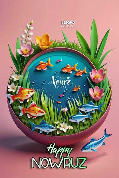 PSD Happy Nowruz Day or Iranian New Year Illustration with Grass Semeni and Fish