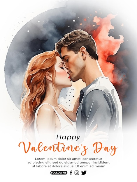 PSD happy valentines day romantic couple poster template in watercolor style background