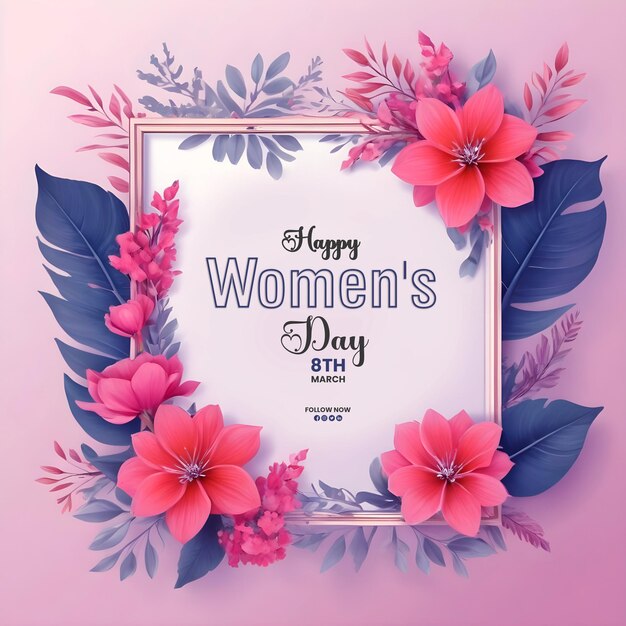 Psd happy womens day floral design template with a frame flowers leaves