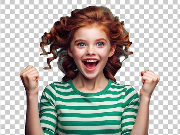 PSD happy young woman pointing upwards on transparent background