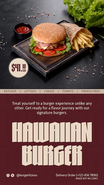 PSD psd hawaiian burger design for social media and instagram story template