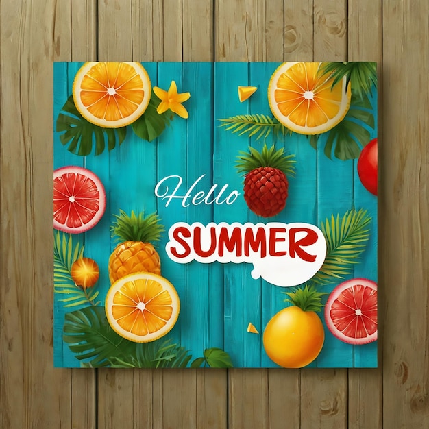 PSD Hello Summer background with palm image design travel poster event