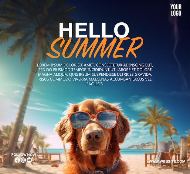 PSD Hello Summer poster a beach scene with a tropical island and dog with sun glass and palm tree