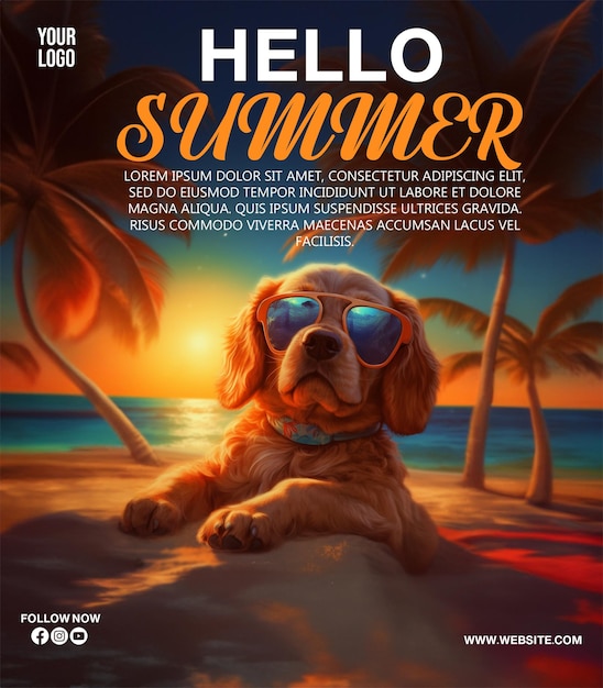 PSD Hello Summer poster a beach scene with a tropical island and dog with sun glass