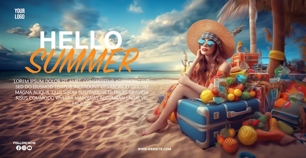 PSD Hello Summer poster a beach scene with a tropical island with Girl site