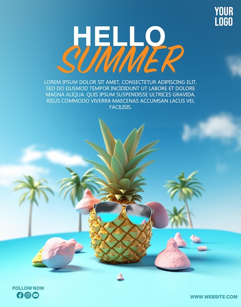 PSD Hello Summer poster a beach scene with a tropical island with the word hello summer