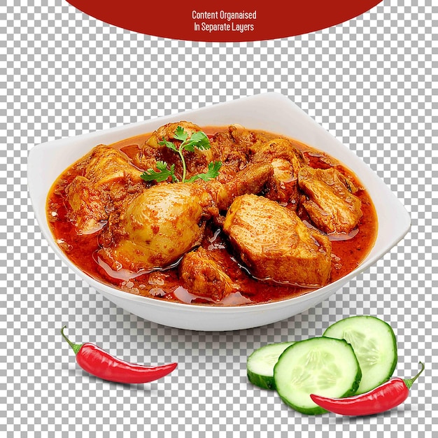 PSD Indian Chicken Curry in white bowl Isolated on transparent Background