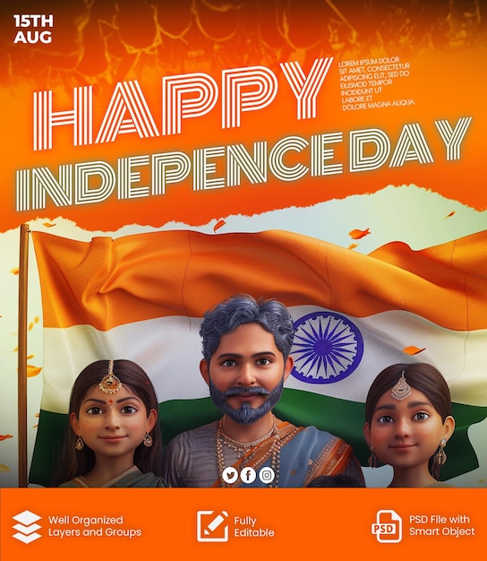 PSD Indian independence day poster template design India independence day greeting background