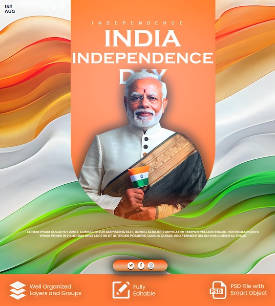 PSD Indian independence day poster template design Indian Prime Minister Narendra Modi with Flag