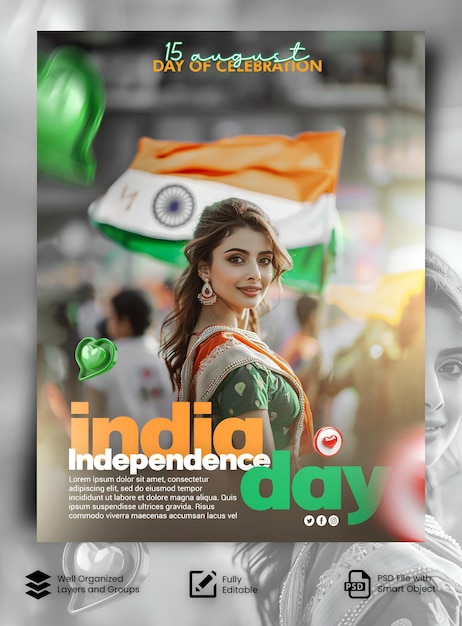 PSD Indian independence day poster template design for social media post with celebration background