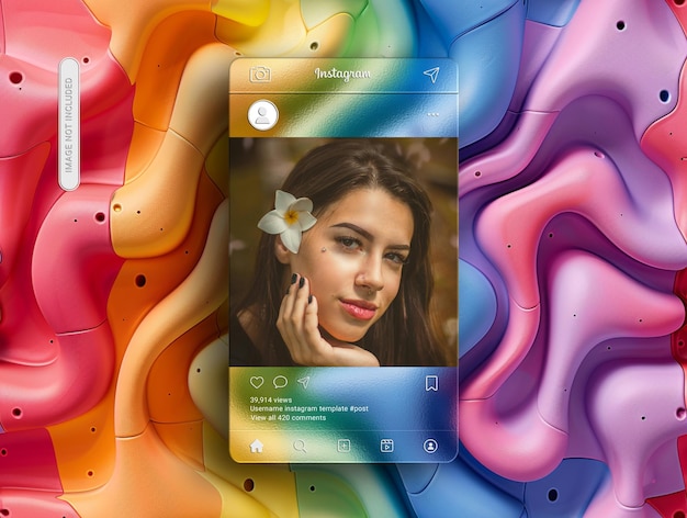 PSD Instagram post mockup with glass morphism interface