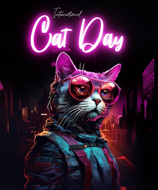 Psd of international cat day for social media poster template cat wearing glasses