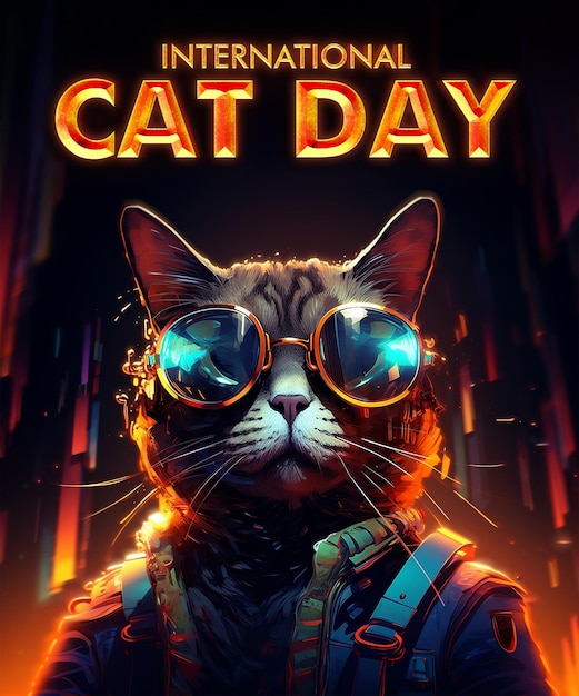 Psd of international cat day for social media poster template cat wearing glasses