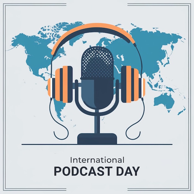 PSD International Podcast Day design with microphone and wireless headphone