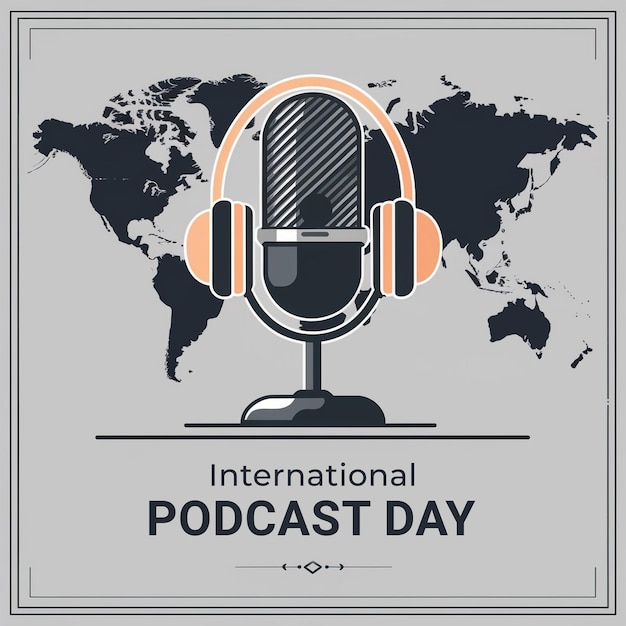 PSD International Podcast Day design with microphone and wireless headphone