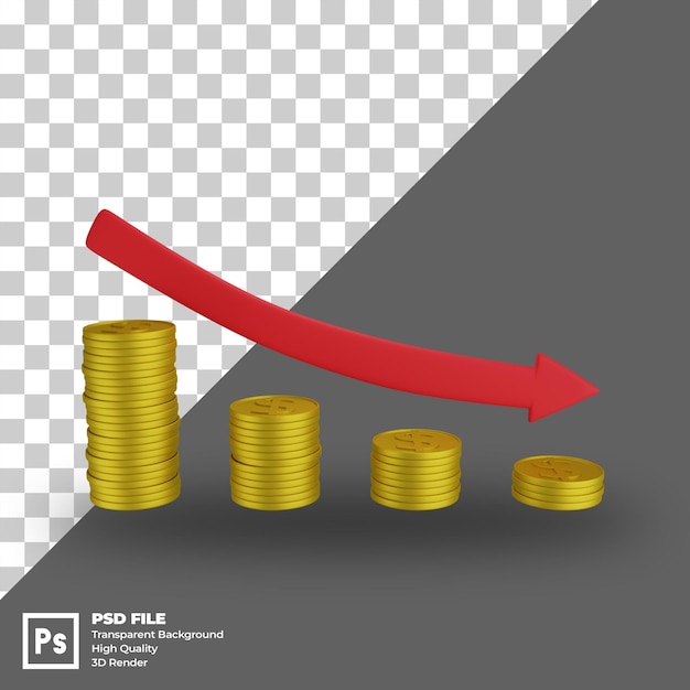 PSD psd isolated 3d illustration financial bankruptcy arrow with stack of coins