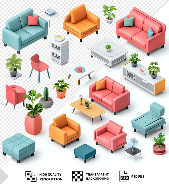 PSD psd isometric interior design miniatures isolated on featuring a variety of colorful furniture