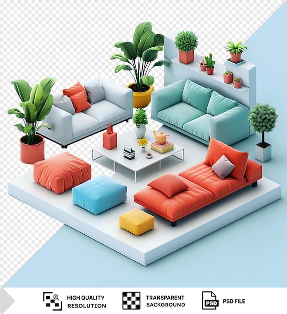 PSD psd isometric interior design miniatures isolated on transparent background featuring a variety