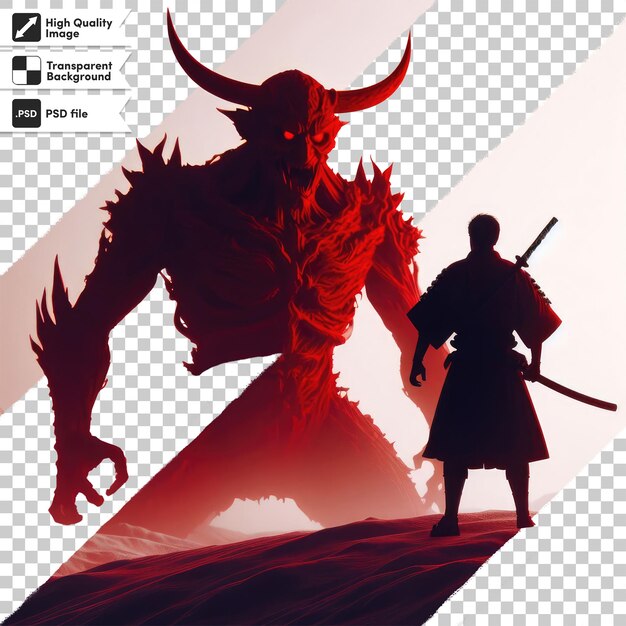 PSD japanese samurai vs red devil on transparent background with editable mask layer