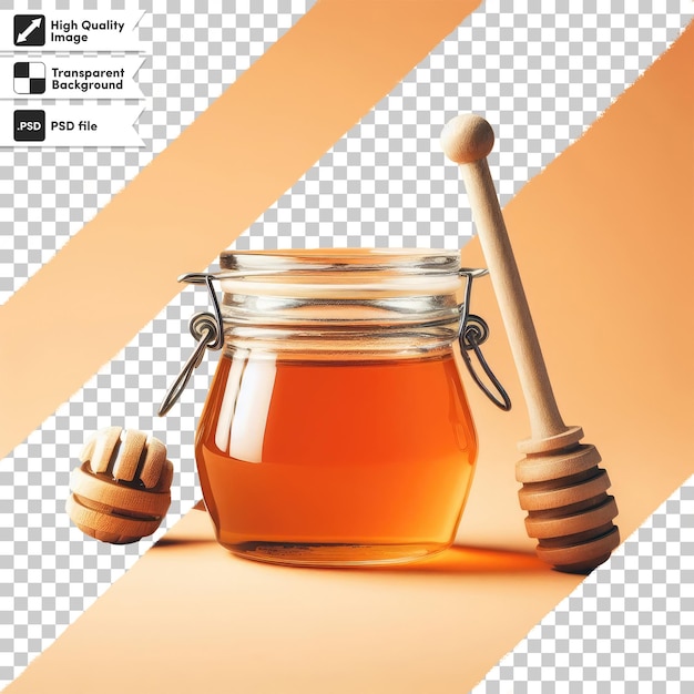 PSD jar of honey with dipper on transparent background