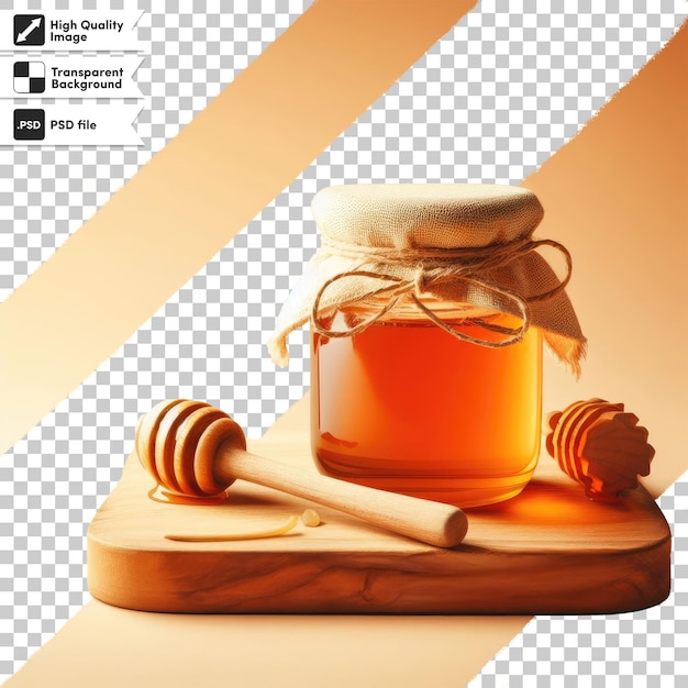 PSD jar of honey with dipper on transparent background