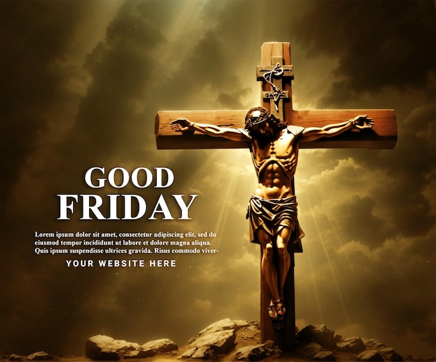 PSD Jesus Christ crucified on the cross and good Friday poster design with cross and clouds