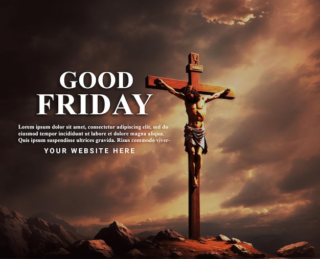 PSD Jesus Christ crucified on the cross and good Friday poster design with cross and clouds