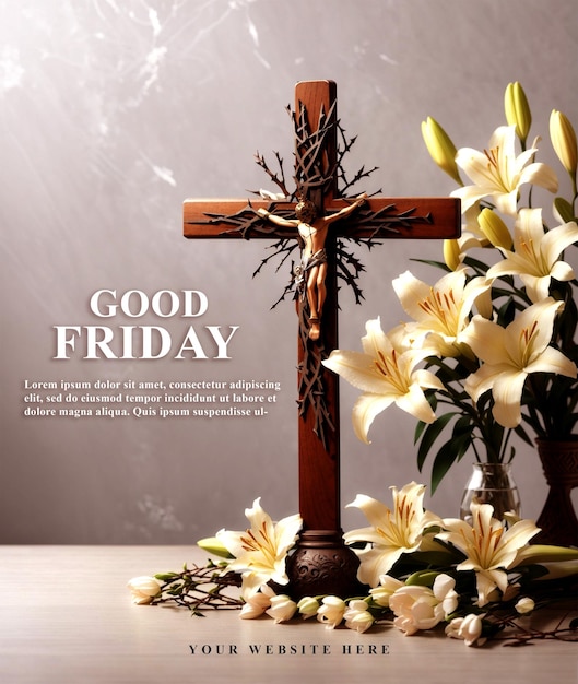 PSD Jesus Christ crucified on the cross and good Friday poster design with cross and clouds