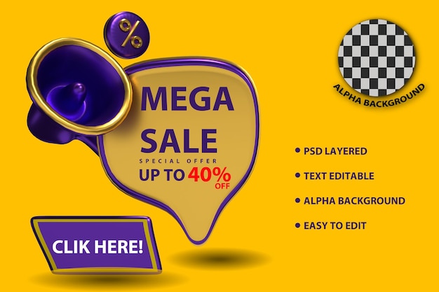 PSD psd label mega offer 3d illustration with megaphone and element design template editable