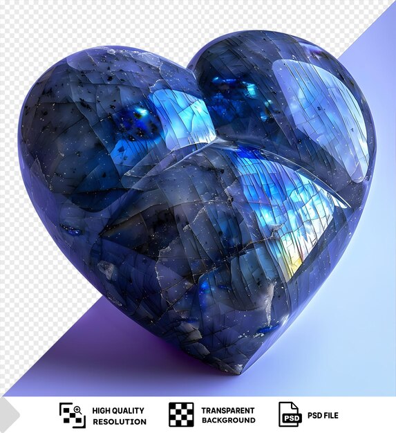 PSD psd labradorite heart carving with iridescent flashes on a blue background