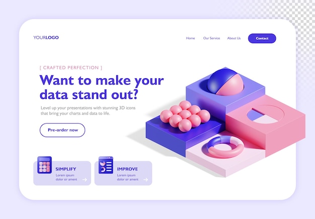 PSD psd landing page website banner with 3d render geometric cliparts and icons