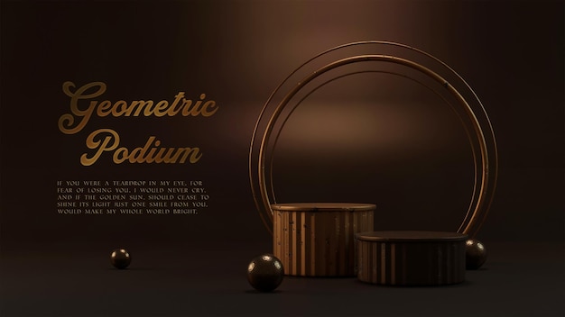 PSD landscape layout of golden metal podium and silk wall 3d render