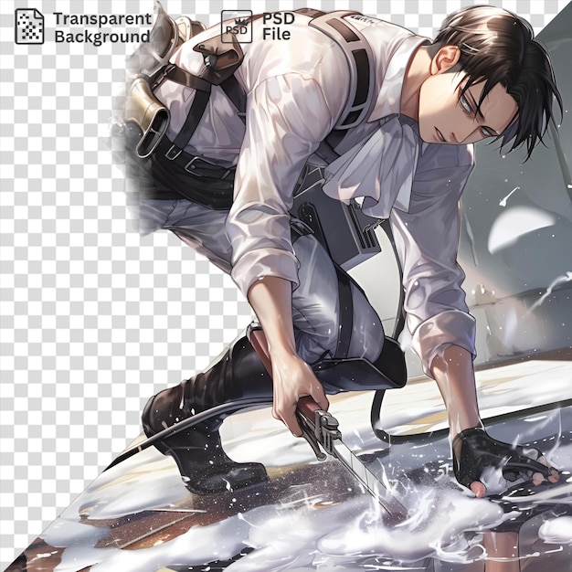 psd levi ackerman from attack on titan with his black hair and hand visible in the foreground