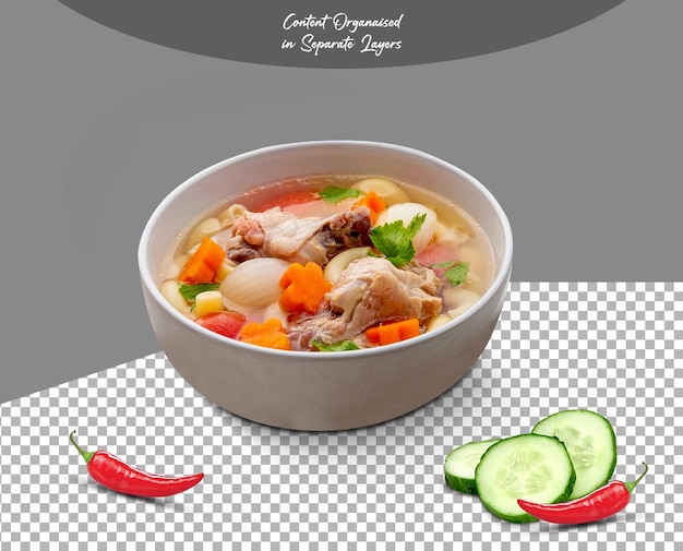 PSD Macaroni Soup with chicken in a bowl isolated on Transparent background